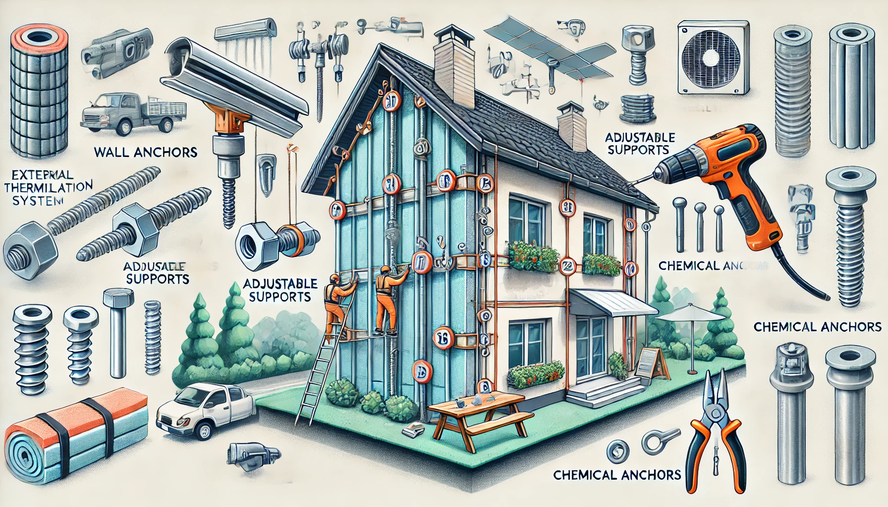 DALL·E 2024-10-10 15.18.51 - An illustration representing the concept of fixing loads on thermal insulation systems. The image should show various components like wall anchors, ad