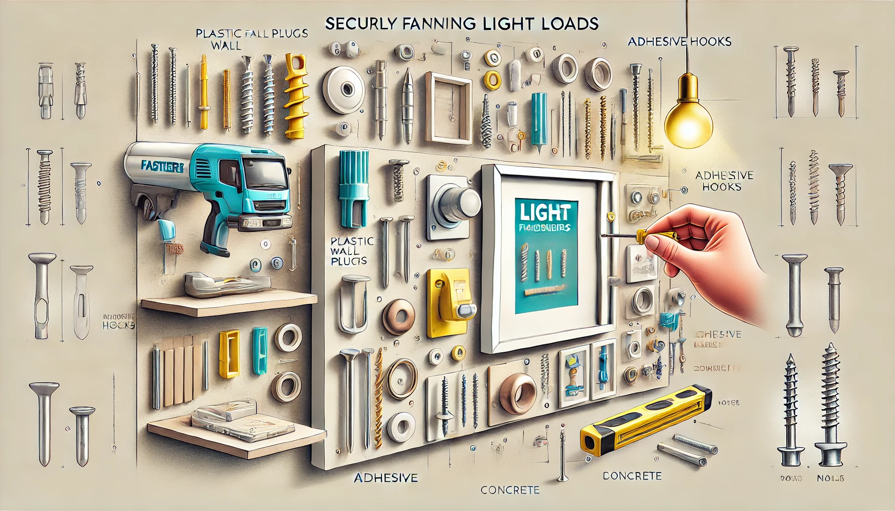 DALL·E 2024-10-10 15.28.06 - An illustration representing the concept of securely fastening light loads. The image should show different types of fasteners like plastic wall plugs