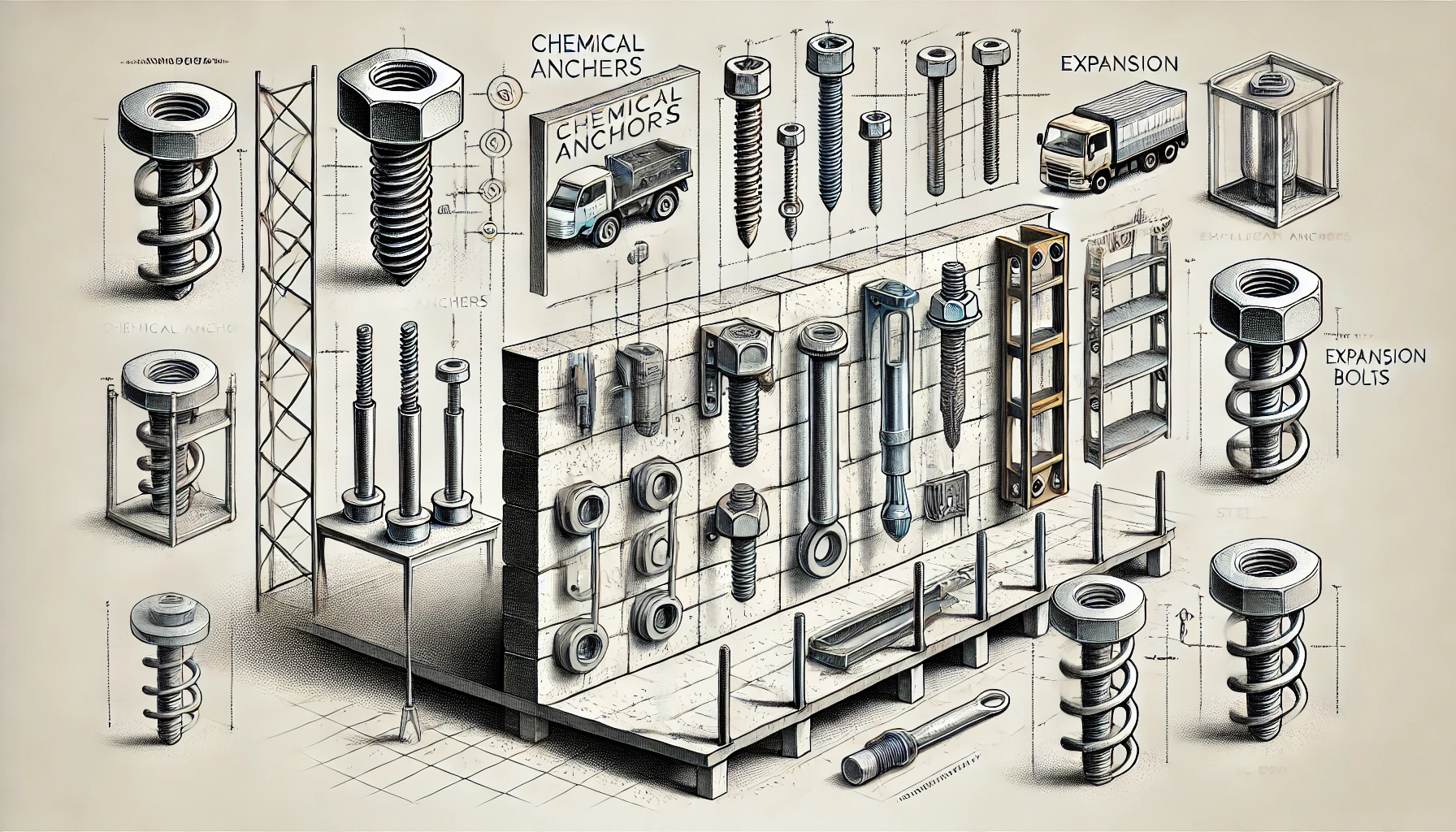 DALL·E 2024-10-10 15.41.06 - An illustration representing the concept of securely fastening heavy loads. The image should show different types of fasteners such as chemical anchor